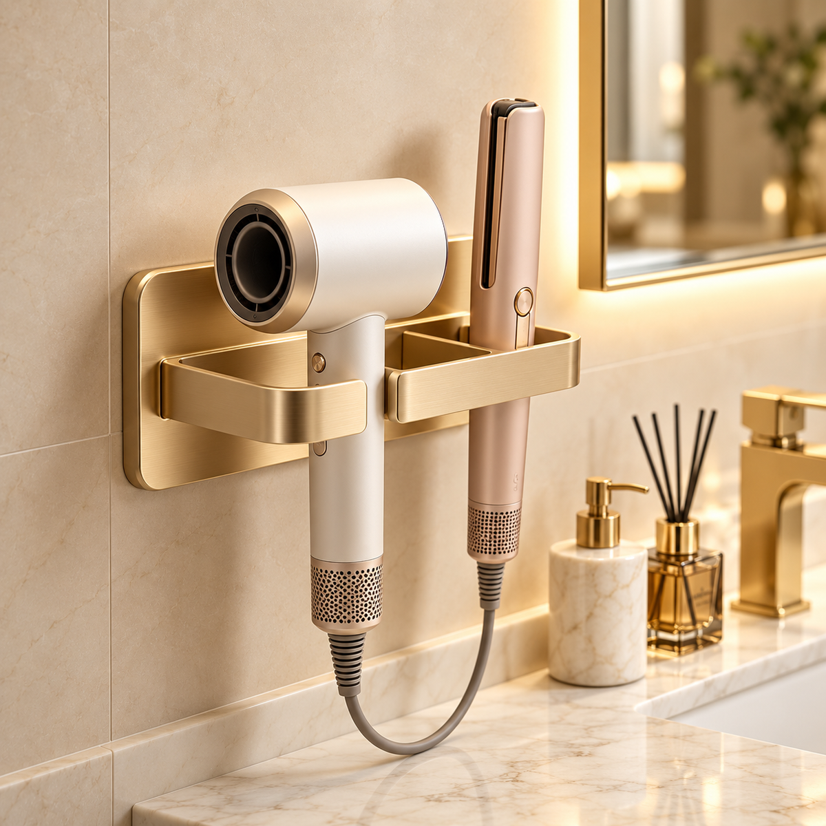 Luxury Wall-Mounted Hair Tool Holder – Dual Storage Organizer for Hair Dryer & Styling Tools