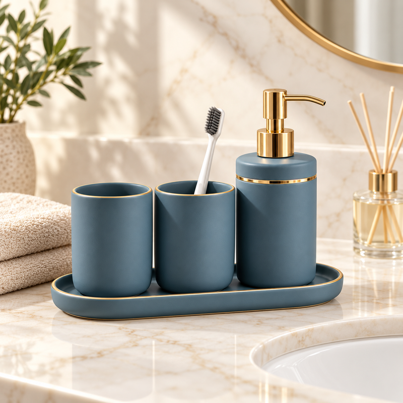 Luxury 4-Piece Bathroom Vanity Set – Soap Dispenser, Tumblers & Matching Tray