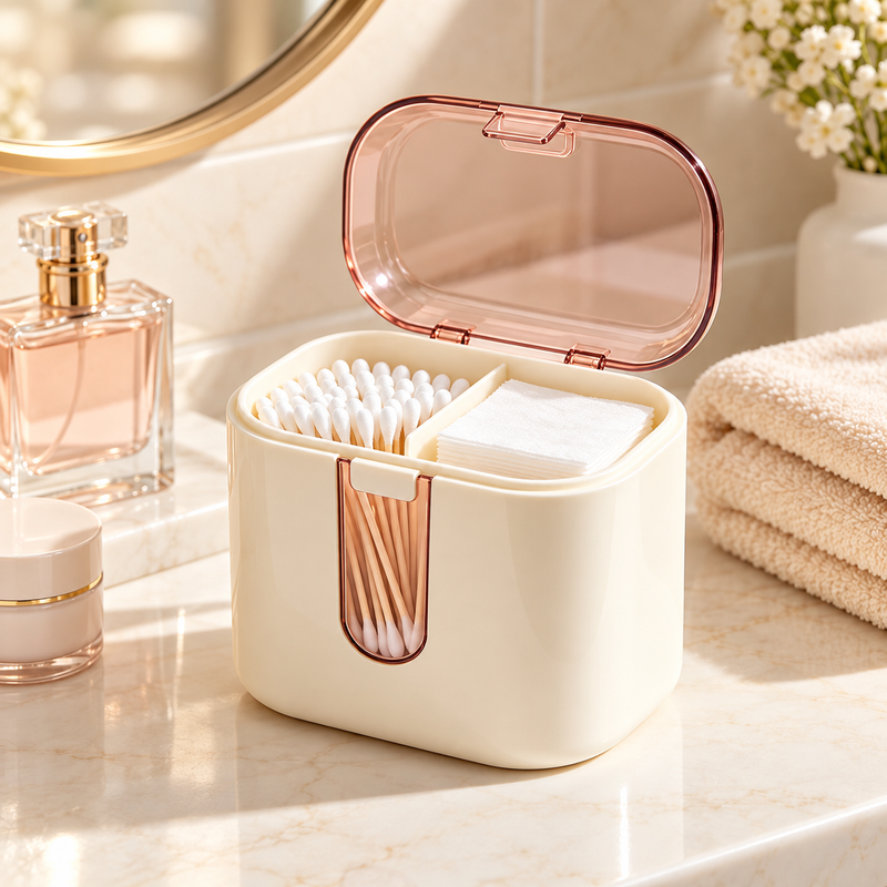 Luxury Cotton Swab & Pad Organizer – Dust-Proof Bathroom Vanity Storage Box